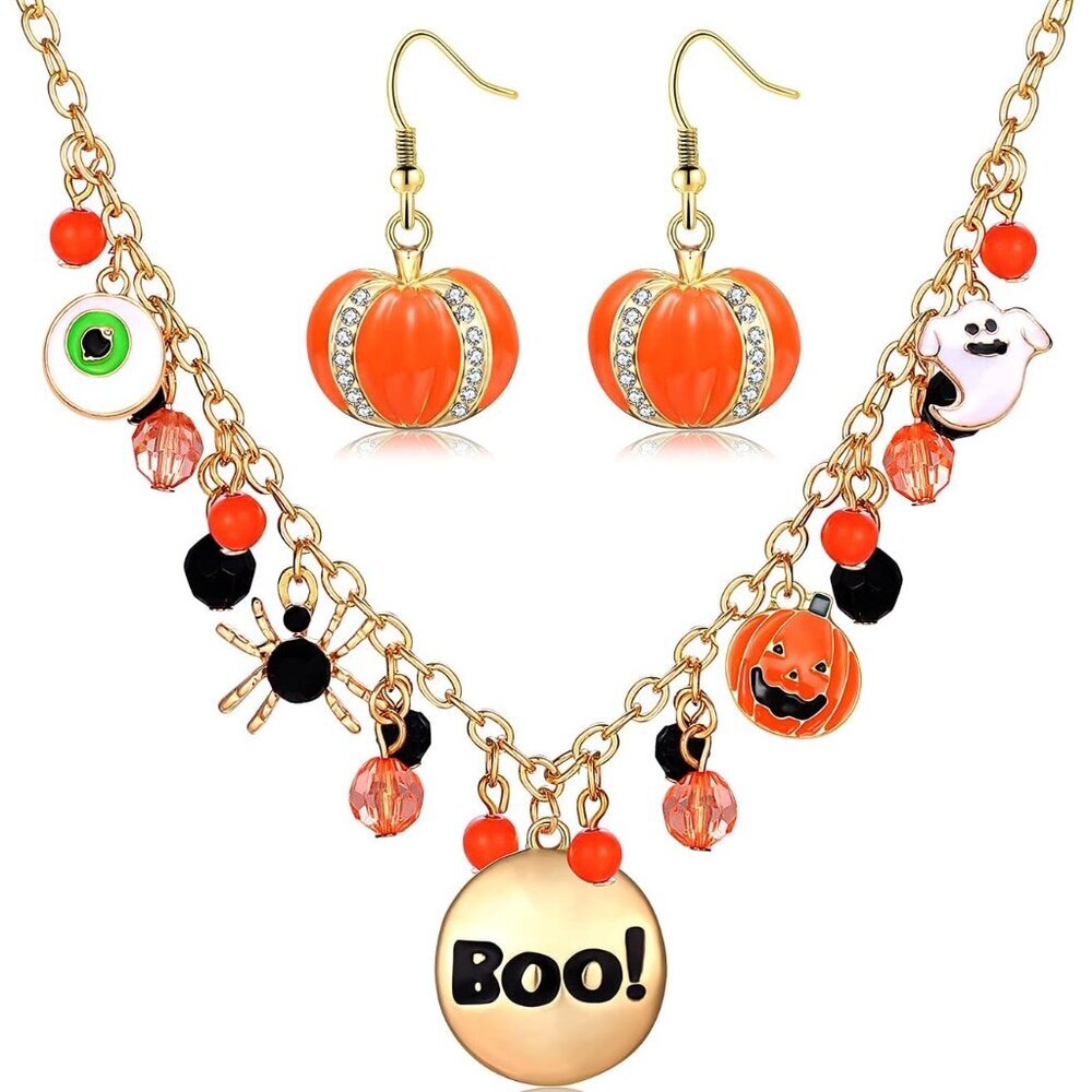 Halloween Ghost Necklace Crystal Beaded BOO Pumpkin Pendant Choker Necklace with